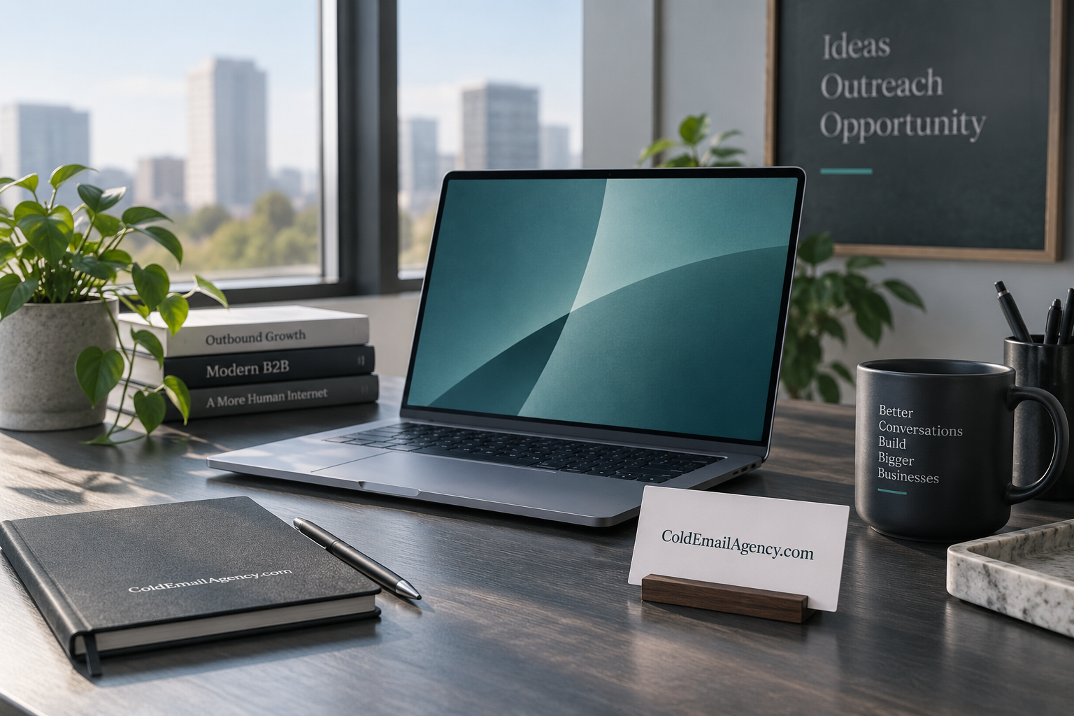 Daylit workspace with a laptop, notebook and ColdEmailAgency.com business card